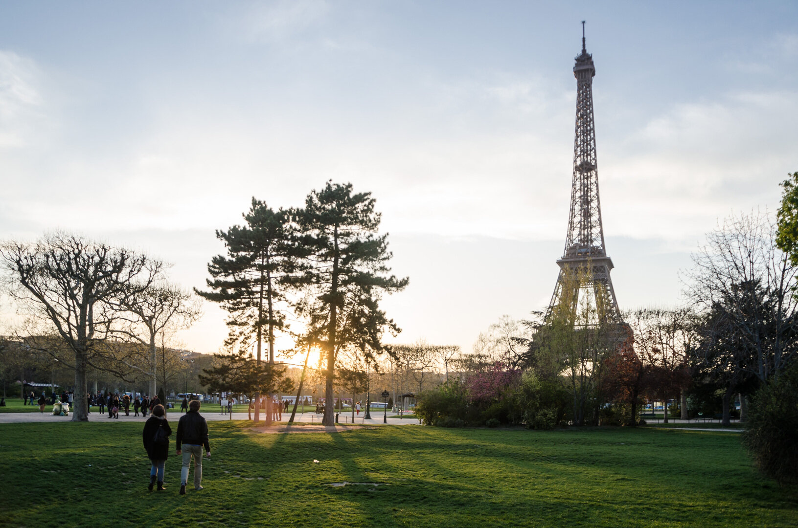 Eiffel Tower at sunset seen from the Champ de Mars